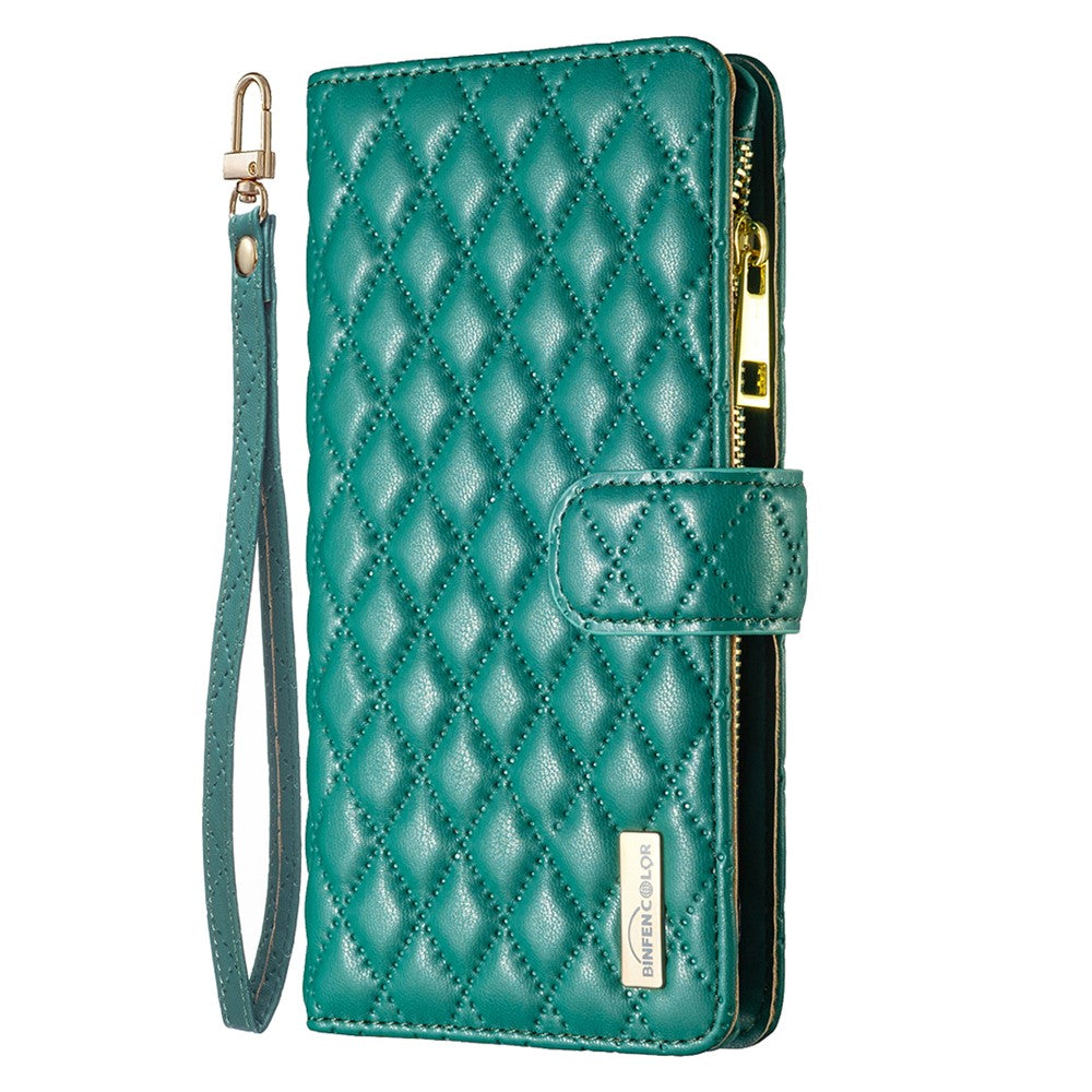 BINFEN COLOR BF Style-15 for Samsung Galaxy M14 5G Zipper Pocket PU Leather Wallet Case Phone Stand Cover - Green