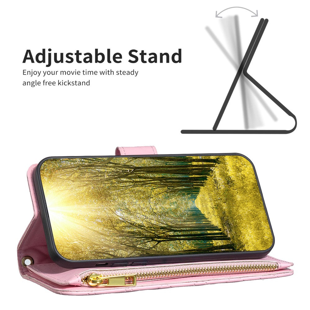BINFEN COLOR BF Style-15 for Samsung Galaxy M14 5G Zipper Pocket PU Leather Wallet Case Phone Stand Cover - Pink