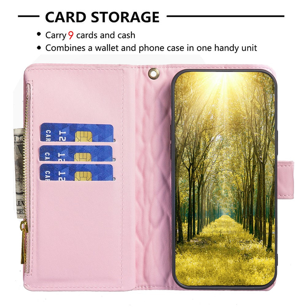 BINFEN COLOR BF Style-15 for Samsung Galaxy M14 5G Zipper Pocket PU Leather Wallet Case Phone Stand Cover - Pink