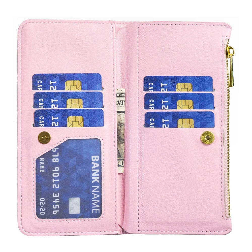 BINFEN COLOR BF Style-15 for Samsung Galaxy M14 5G Zipper Pocket PU Leather Wallet Case Phone Stand Cover - Pink