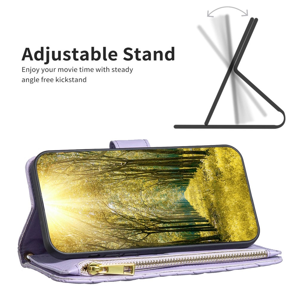 BINFEN COLOR BF Style-15 for Samsung Galaxy M14 5G Zipper Pocket PU Leather Wallet Case Phone Stand Cover - Purple