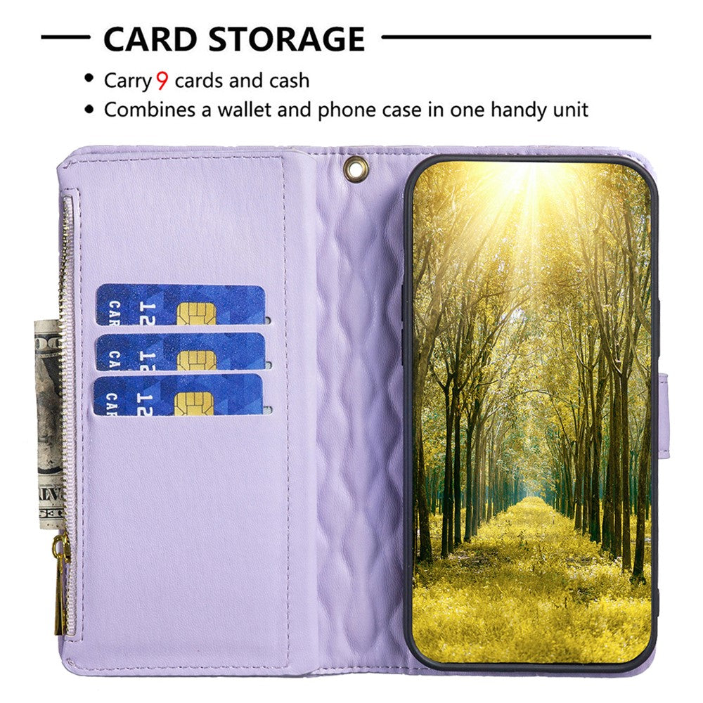 BINFEN COLOR BF Style-15 for Samsung Galaxy M14 5G Zipper Pocket PU Leather Wallet Case Phone Stand Cover - Purple