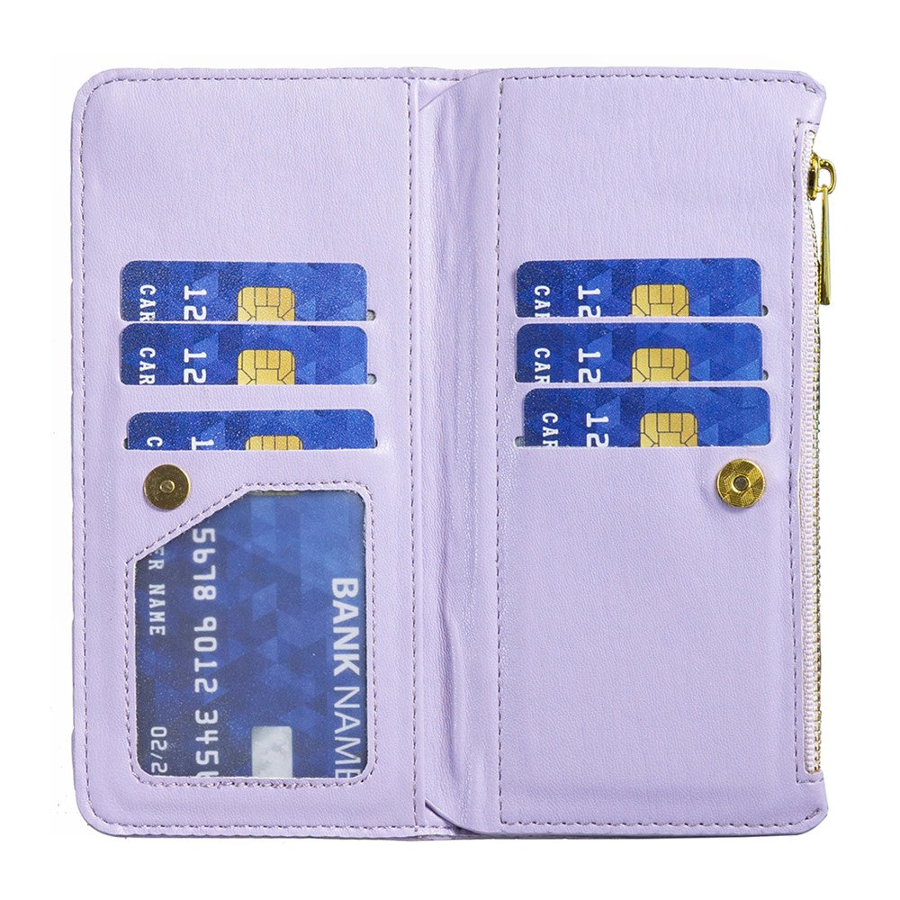 BINFEN COLOR BF Style-15 for Samsung Galaxy M14 5G Zipper Pocket PU Leather Wallet Case Phone Stand Cover - Purple