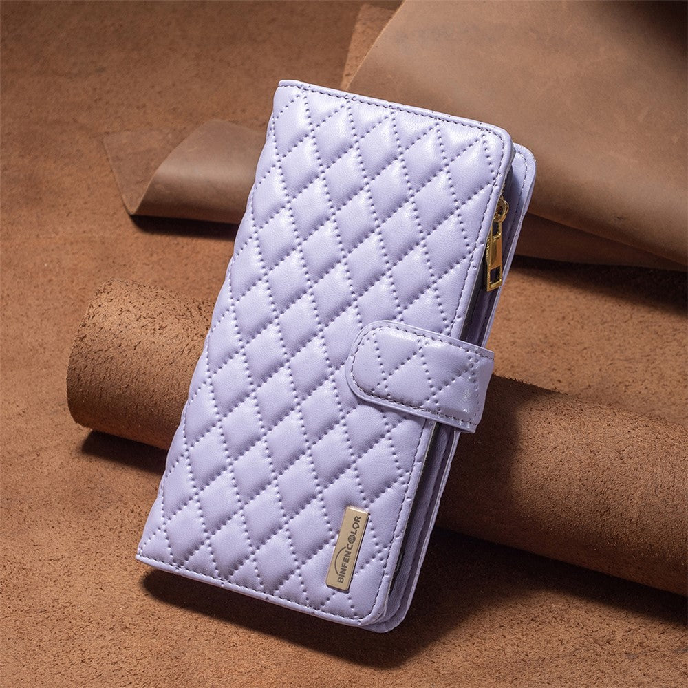 BINFEN COLOR BF Style-15 for Samsung Galaxy M14 5G Zipper Pocket PU Leather Wallet Case Phone Stand Cover - Purple