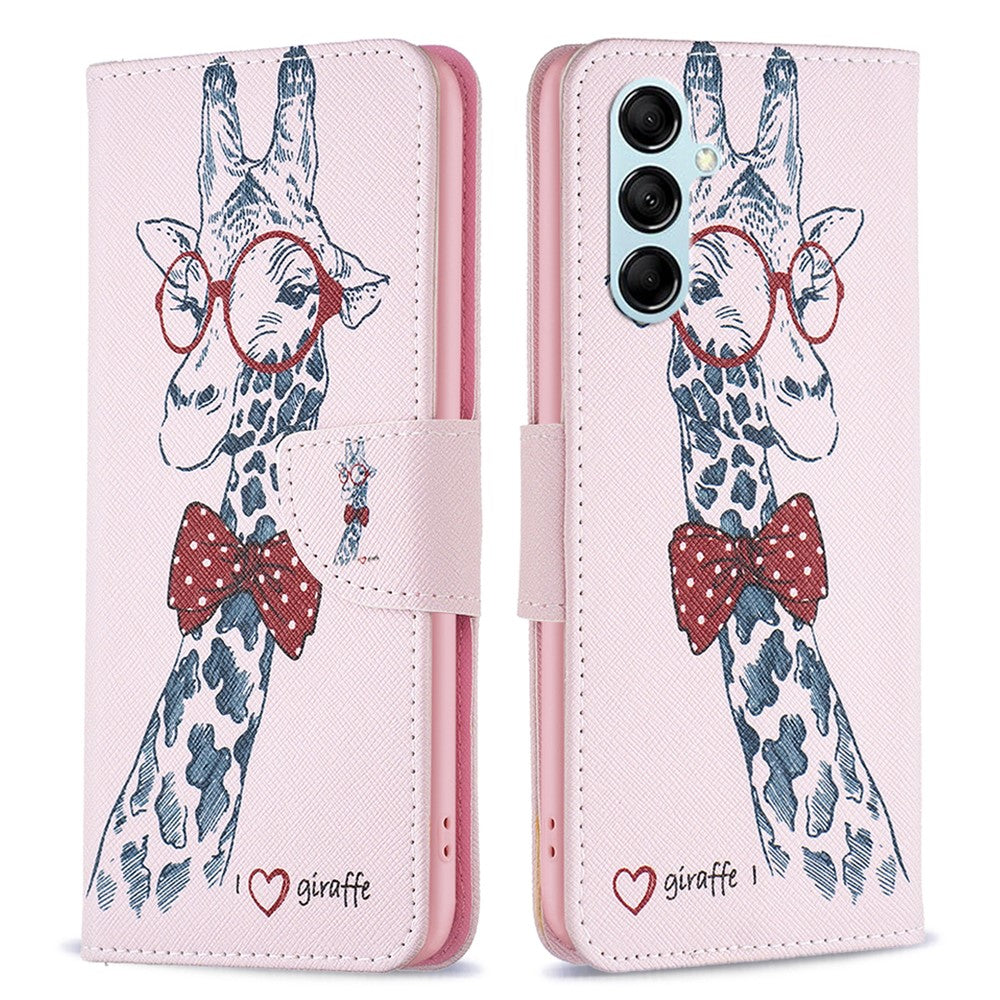 For Samsung Galaxy M14 5G Phone Case Pattern Printing PU Leather Wallet Stand Cover - Giraffe
