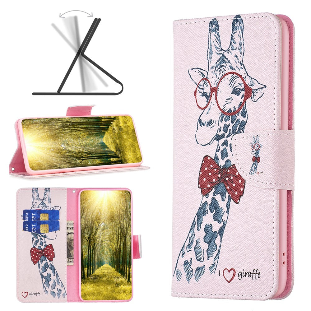 For Samsung Galaxy M14 5G Phone Case Pattern Printing PU Leather Wallet Stand Cover - Giraffe