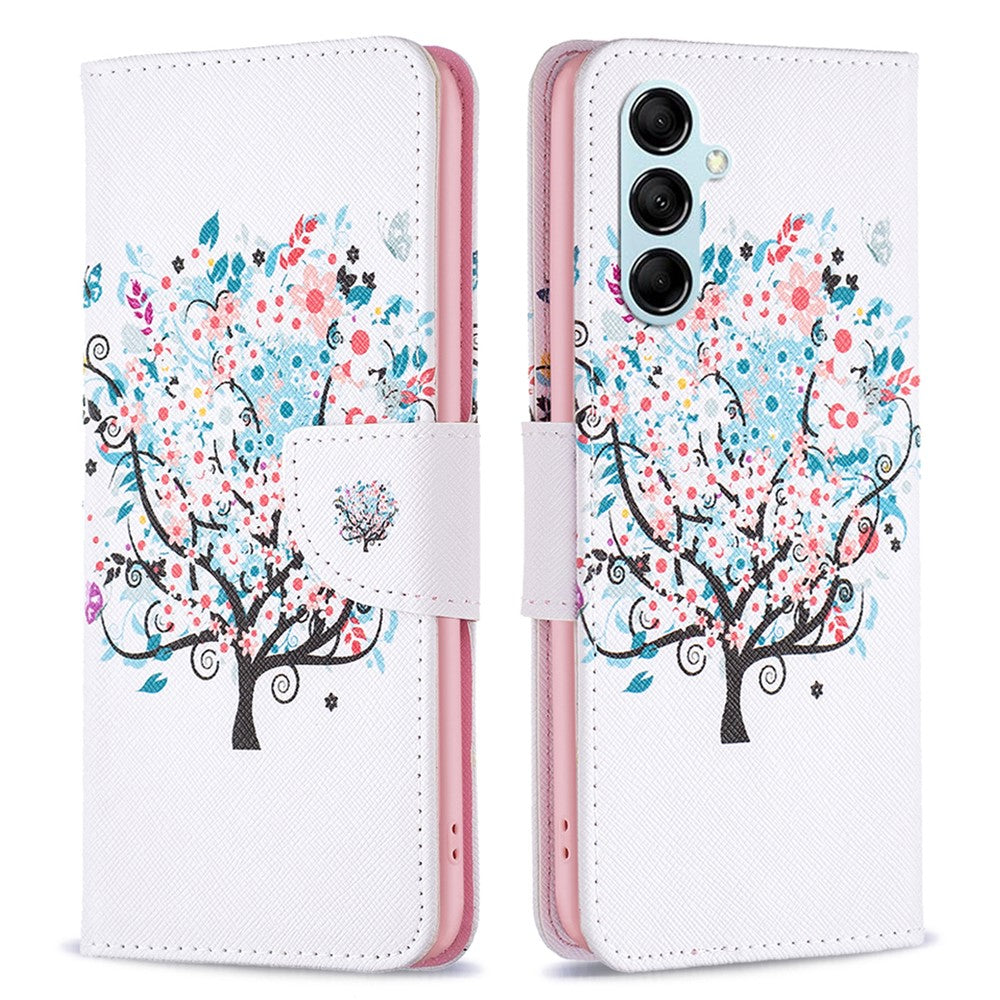 For Samsung Galaxy M14 5G Phone Case Pattern Printing PU Leather Wallet Stand Cover - Flower Tree