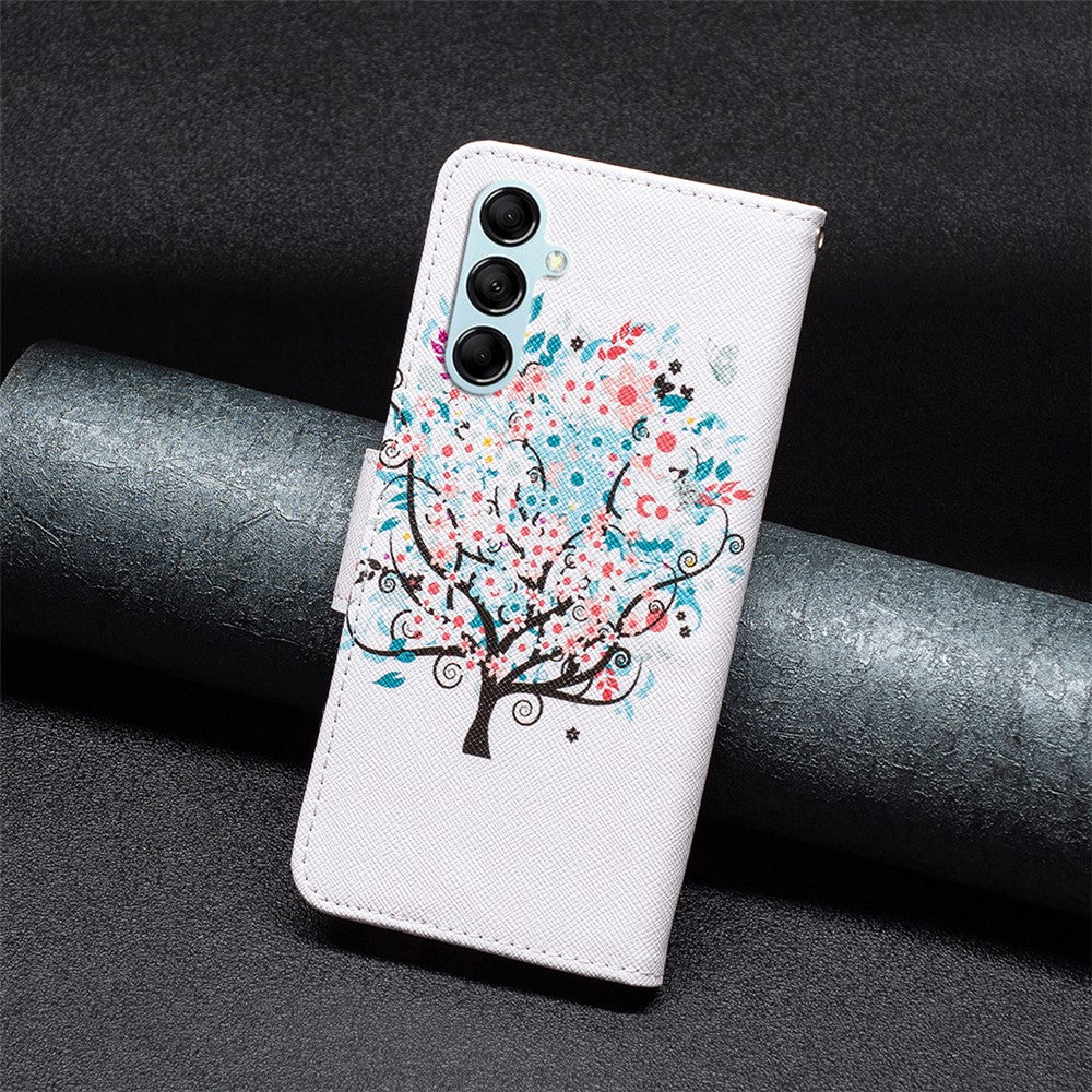 For Samsung Galaxy M14 5G Phone Case Pattern Printing PU Leather Wallet Stand Cover - Flower Tree