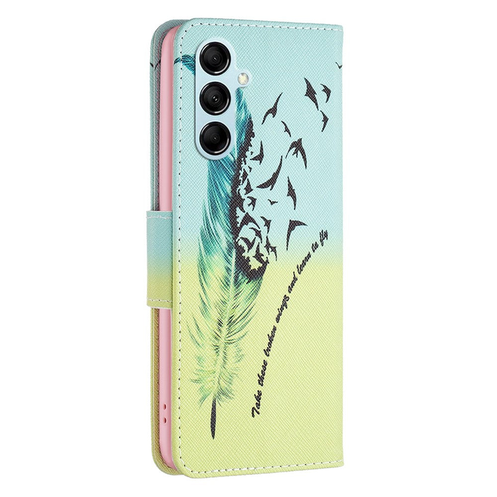 For Samsung Galaxy M14 5G Phone Case Pattern Printing PU Leather Wallet Stand Cover - Feather