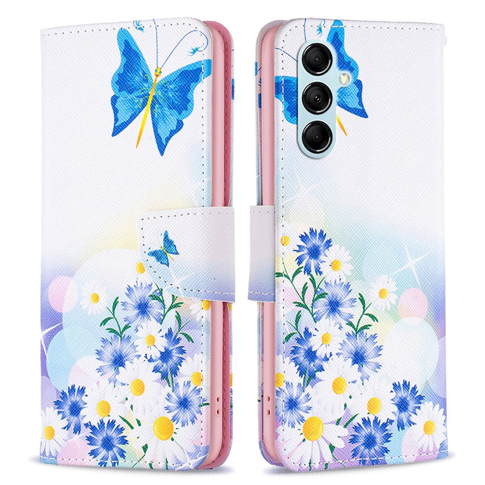 For Samsung Galaxy M14 5G Phone Case Pattern Printing PU Leather Wallet Stand Cover - Butterfly and Flowers