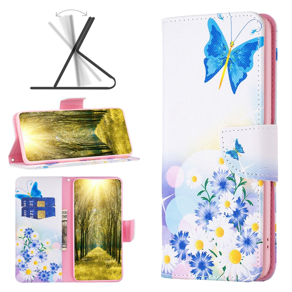 For Samsung Galaxy M14 5G Phone Case Pattern Printing PU Leather Wallet Stand Cover - Butterfly and Flowers