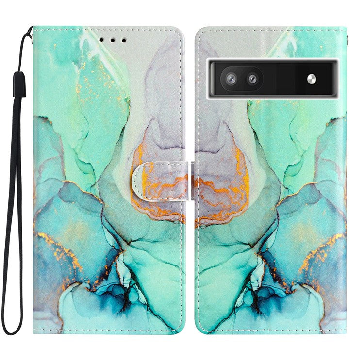 For Google Pixel 6a Stand Wallet Phone Case Pattern Printing PU Leather Cover with Strap - Green Marble