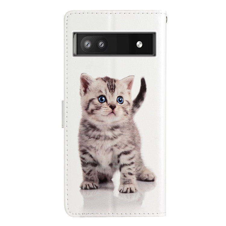 For Google Pixel 6a Stand Wallet Phone Case Pattern Printing PU Leather Cover with Strap - Cute Cat