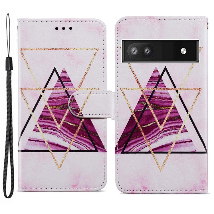 For Google Pixel 6a Stand Wallet Phone Case Pattern Printing PU Leather Cover with Strap - Tri-color Marble