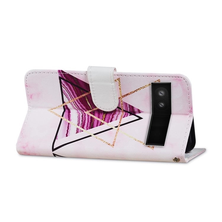 For Google Pixel 6a Stand Wallet Phone Case Pattern Printing PU Leather Cover with Strap - Tri-color Marble