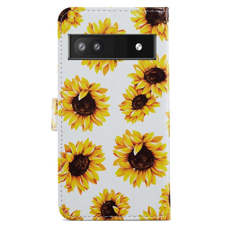 For Google Pixel 6a Stand Wallet Phone Case Pattern Printing PU Leather Cover with Strap - Sunflower