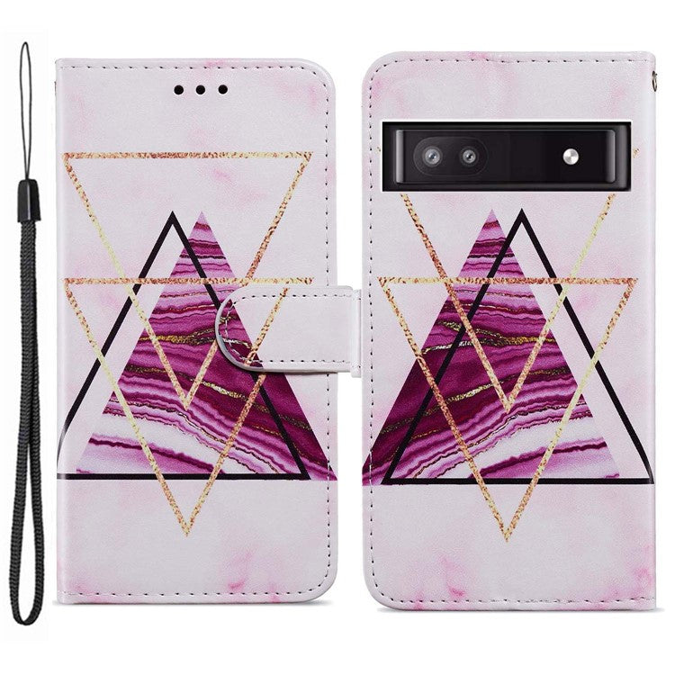 For Google Pixel 7a PU Leather Pattern Printing Phone Cover Wallet Stand Anti-Drop Protective Phone Case - Tri-color Marble