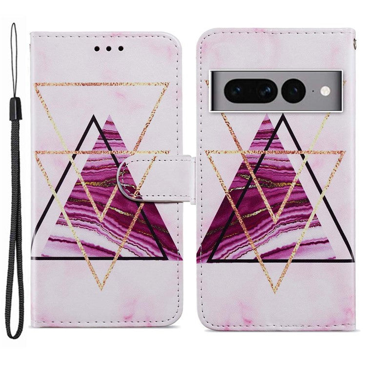 For Google Pixel 7 Pro 5G Pattern Printing PU Leather Wallet Case Stand Flip Phone Cover with Strap - Tri-color Marble