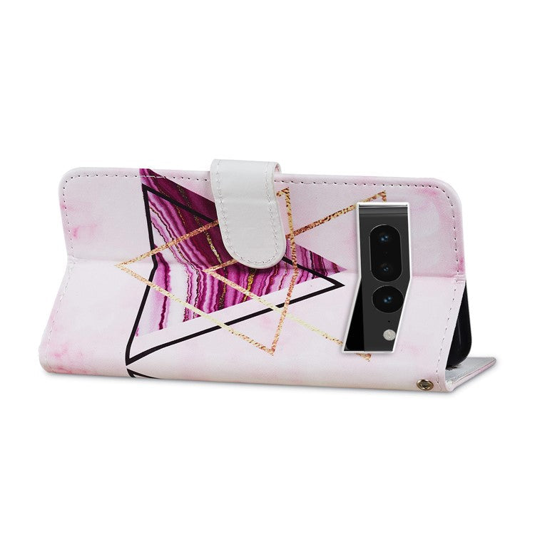 For Google Pixel 7 Pro 5G Pattern Printing PU Leather Wallet Case Stand Flip Phone Cover with Strap - Tri-color Marble