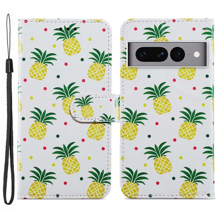 For Google Pixel 7 Pro 5G Pattern Printing PU Leather Wallet Case Stand Flip Phone Cover with Strap - Pineapple