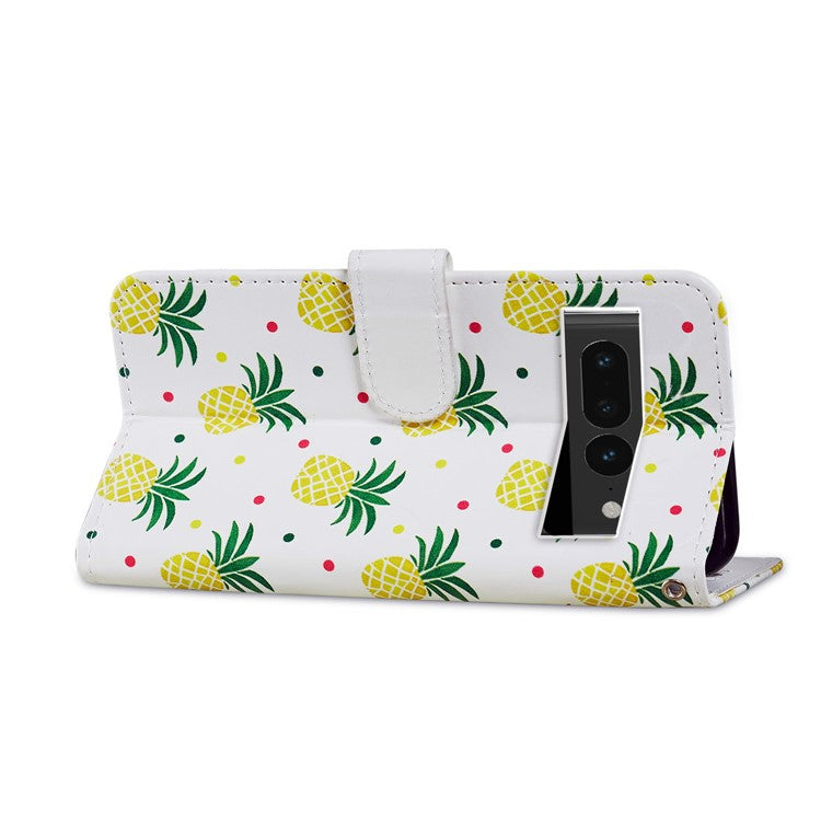 For Google Pixel 7 Pro 5G Pattern Printing PU Leather Wallet Case Stand Flip Phone Cover with Strap - Pineapple