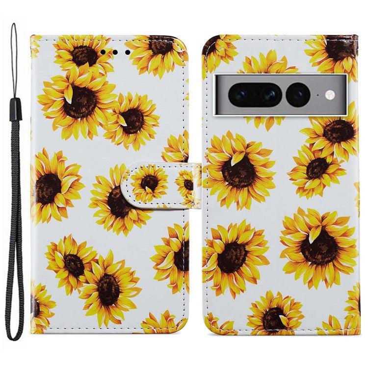 For Google Pixel 7 Pro 5G Pattern Printing PU Leather Wallet Case Stand Flip Phone Cover with Strap - Sunflower