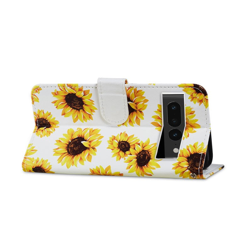 For Google Pixel 7 Pro 5G Pattern Printing PU Leather Wallet Case Stand Flip Phone Cover with Strap - Sunflower