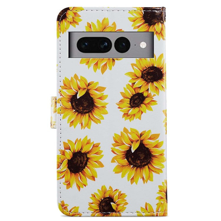 For Google Pixel 7 Pro 5G Pattern Printing PU Leather Wallet Case Stand Flip Phone Cover with Strap - Sunflower
