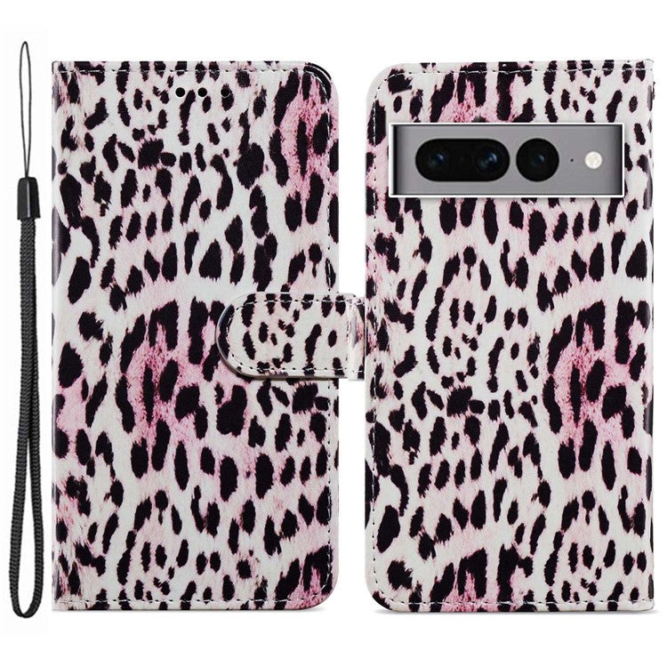 For Google Pixel 7 Pro 5G Pattern Printing PU Leather Wallet Case Stand Flip Phone Cover with Strap - Leopard
