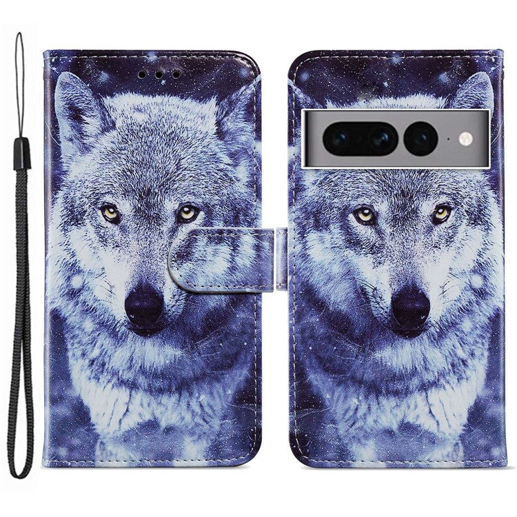 For Google Pixel 7 Pro 5G Pattern Printing PU Leather Wallet Case Stand Flip Phone Cover with Strap - Wolf