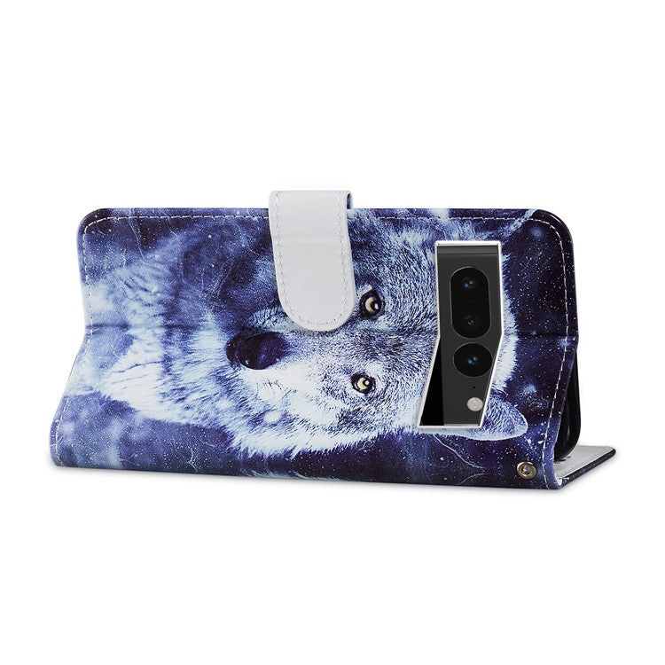 For Google Pixel 7 Pro 5G Pattern Printing PU Leather Wallet Case Stand Flip Phone Cover with Strap - Wolf