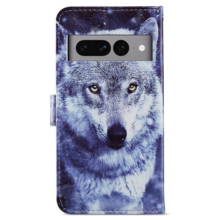For Google Pixel 7 Pro 5G Pattern Printing PU Leather Wallet Case Stand Flip Phone Cover with Strap - Wolf