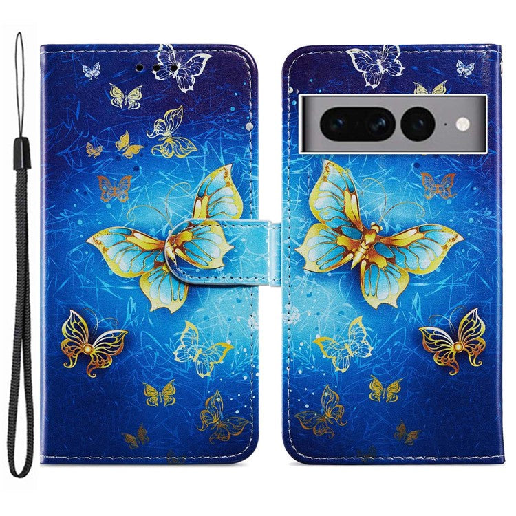 For Google Pixel 7 Pro 5G Pattern Printing PU Leather Wallet Case Stand Flip Phone Cover with Strap - Golden Butterfly