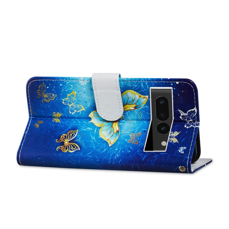 For Google Pixel 7 Pro 5G Pattern Printing PU Leather Wallet Case Stand Flip Phone Cover with Strap - Golden Butterfly