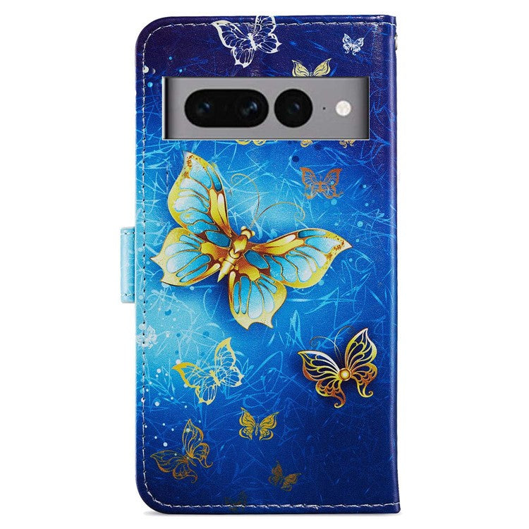 For Google Pixel 7 Pro 5G Pattern Printing PU Leather Wallet Case Stand Flip Phone Cover with Strap - Golden Butterfly