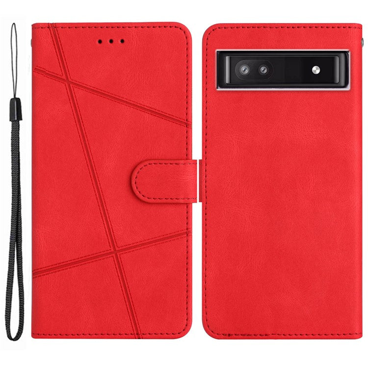 For Google Pixel 7a Imprinted Lines Leather Wallet Cover Crazy Horse Texture Phone Stand Case with Strap - Red