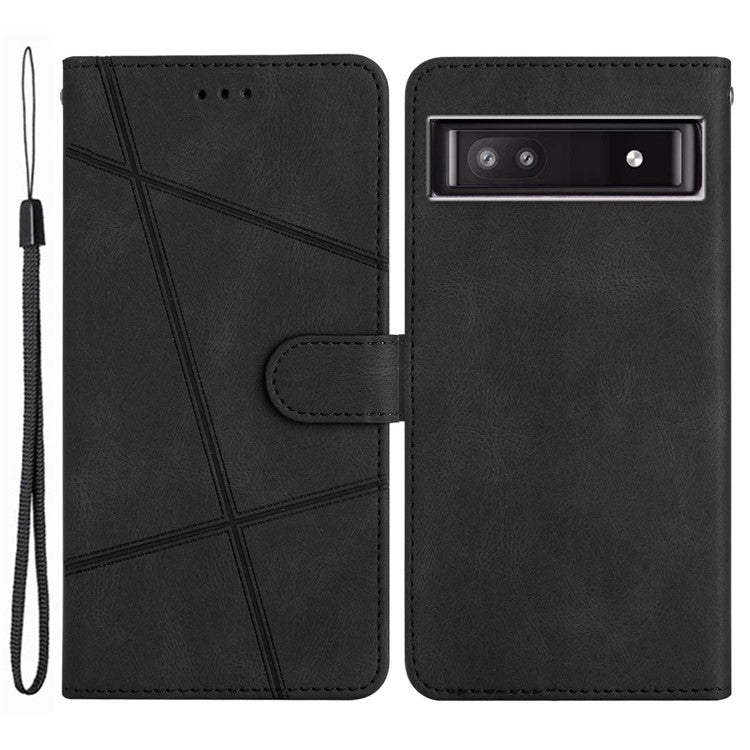 For Google Pixel 7a Imprinted Lines Leather Wallet Cover Crazy Horse Texture Phone Stand Case with Strap - Black