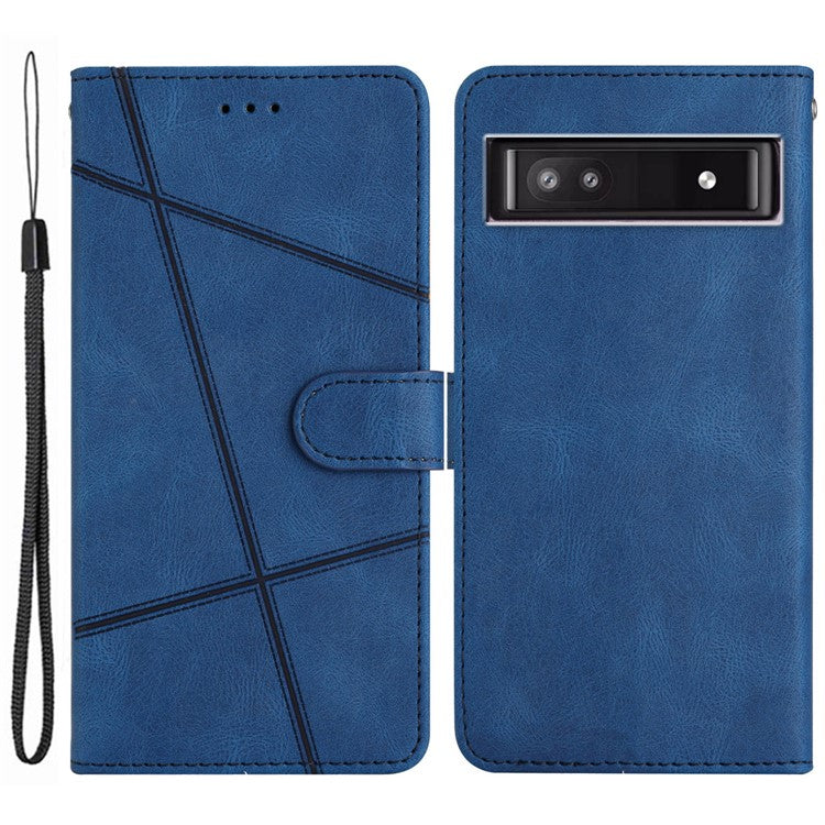 For Google Pixel 7a Imprinted Lines Leather Wallet Cover Crazy Horse Texture Phone Stand Case with Strap - Blue