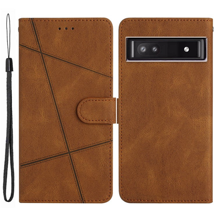 For Google Pixel 7a Imprinted Lines Leather Wallet Cover Crazy Horse Texture Phone Stand Case with Strap - Brown