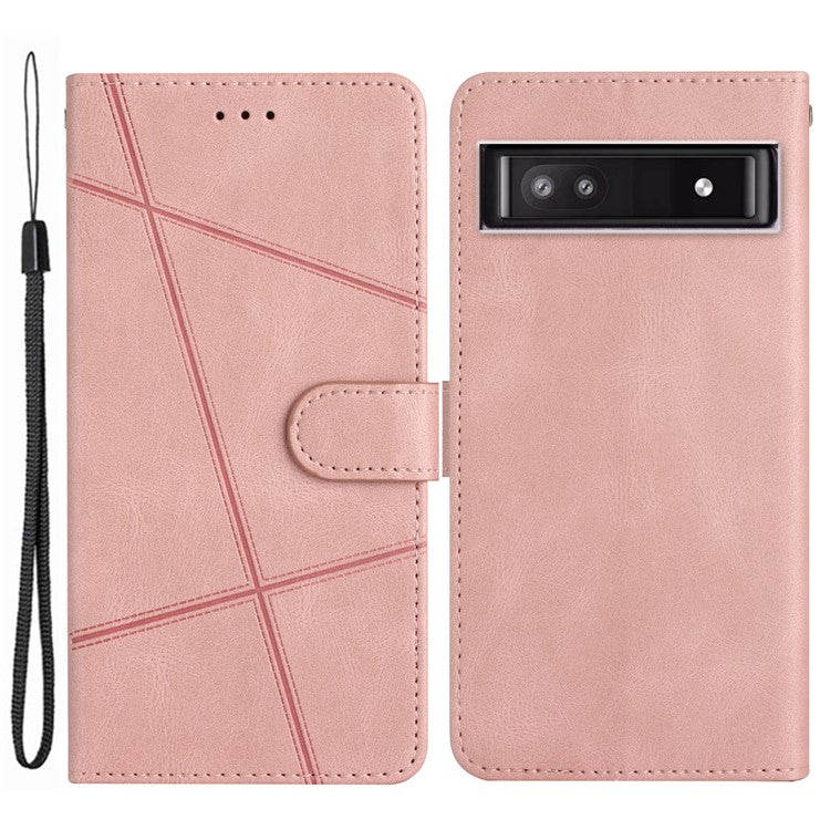 For Google Pixel 7a Imprinted Lines Leather Wallet Cover Crazy Horse Texture Phone Stand Case with Strap - Rose Gold
