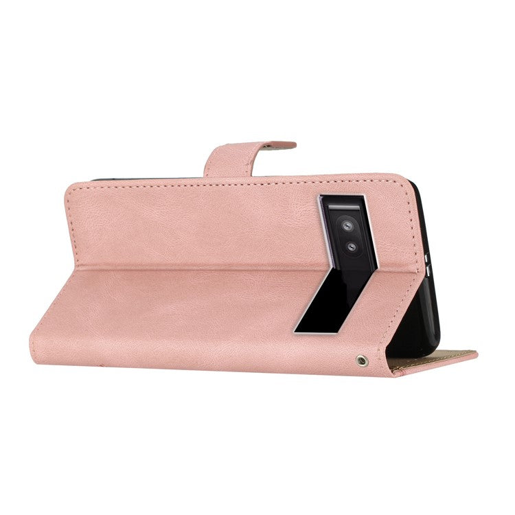 For Google Pixel 7a Imprinted Lines Leather Wallet Cover Crazy Horse Texture Phone Stand Case with Strap - Rose Gold