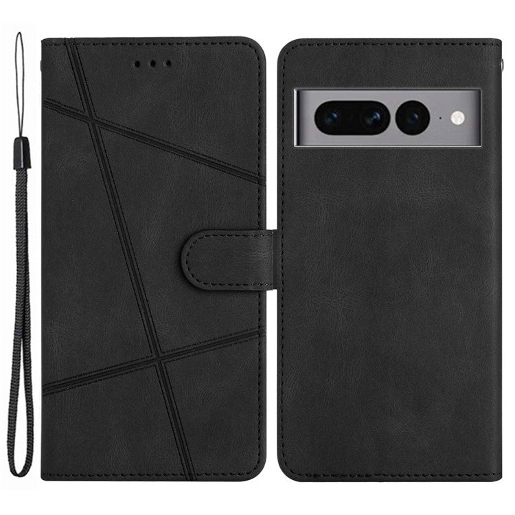 For Google Pixel 7 Pro 5G Imprinted Lines PU Leather Wallet Stand Anti-drop Cover Crazy Horse Texture Phone Case with Strap - Black