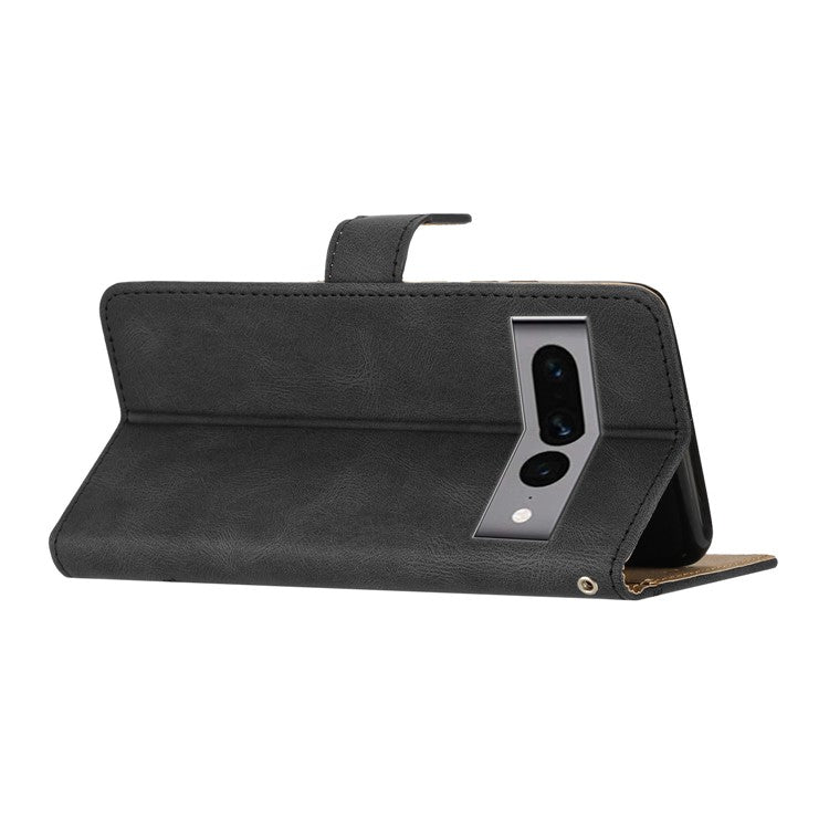 For Google Pixel 7 Pro 5G Imprinted Lines PU Leather Wallet Stand Anti-drop Cover Crazy Horse Texture Phone Case with Strap - Black