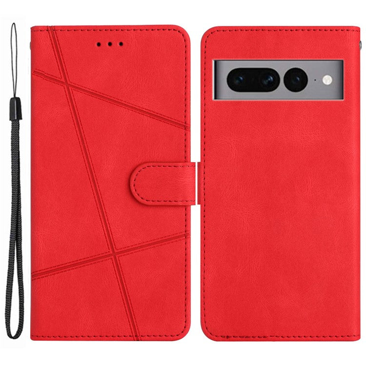 For Google Pixel 7 Pro 5G Imprinted Lines PU Leather Wallet Stand Anti-drop Cover Crazy Horse Texture Phone Case with Strap - Red