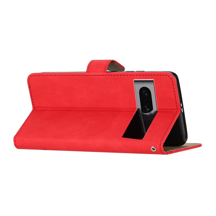 For Google Pixel 7 Pro 5G Imprinted Lines PU Leather Wallet Stand Anti-drop Cover Crazy Horse Texture Phone Case with Strap - Red