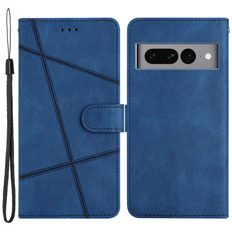 For Google Pixel 7 Pro 5G Imprinted Lines PU Leather Wallet Stand Anti-drop Cover Crazy Horse Texture Phone Case with Strap - Blue
