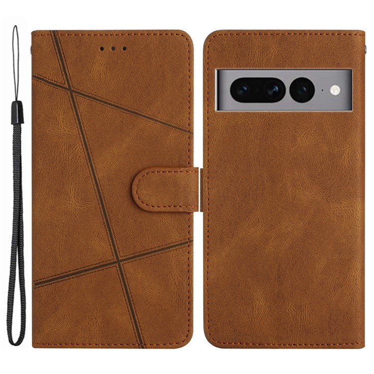 For Google Pixel 7 Pro 5G Imprinted Lines PU Leather Wallet Stand Anti-drop Cover Crazy Horse Texture Phone Case with Strap - Brown