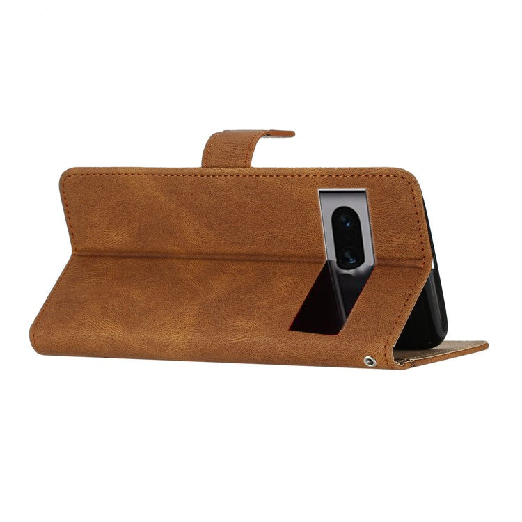 For Google Pixel 7 Pro 5G Imprinted Lines PU Leather Wallet Stand Anti-drop Cover Crazy Horse Texture Phone Case with Strap - Brown