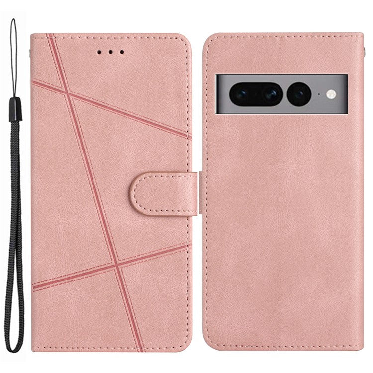 For Google Pixel 7 Pro 5G Imprinted Lines PU Leather Wallet Stand Anti-drop Cover Crazy Horse Texture Phone Case with Strap - Rose Gold