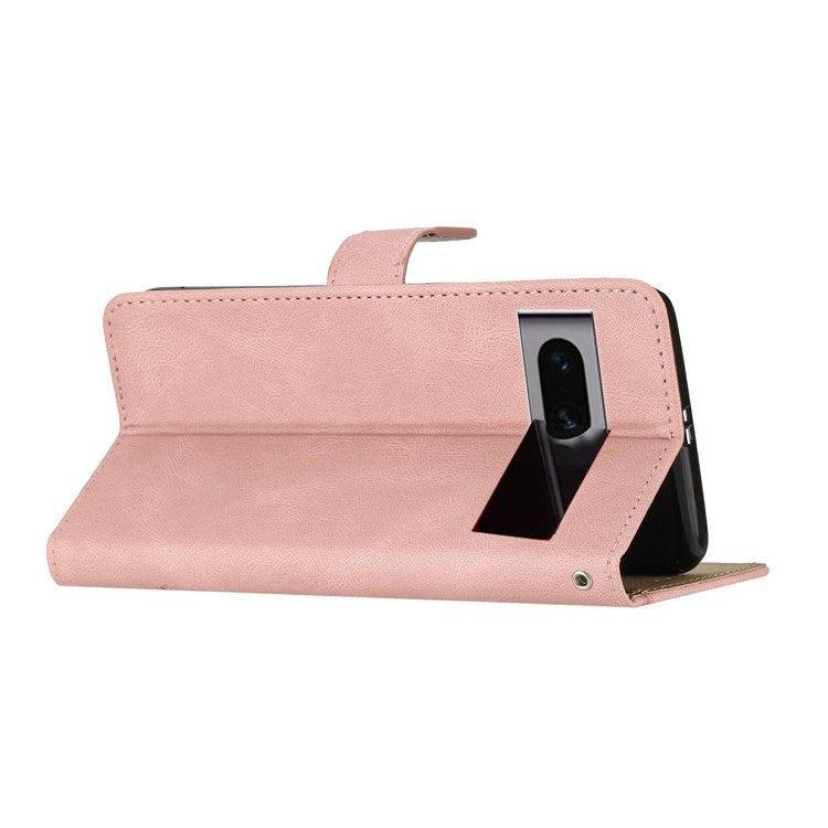 For Google Pixel 7 Pro 5G Imprinted Lines PU Leather Wallet Stand Anti-drop Cover Crazy Horse Texture Phone Case with Strap - Rose Gold